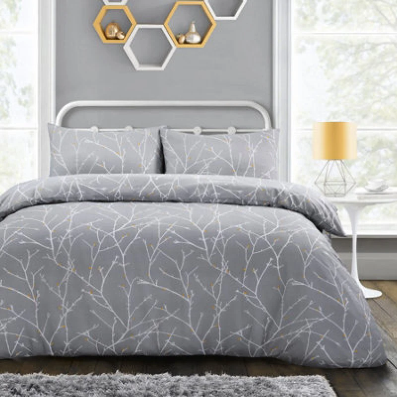 Image of Velosso Nature-Inspired Printed Cotton Blend Duvet Cover & Pillowcase Set, Breathable And Durable Fabric - Easy Care - Grey
