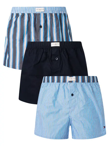 Image of Tommy Hilfiger 3 Pack Woven Boxers Shorts Ithaca/Desert Sky/Shirting Stripe M