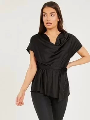 Quiz Satin Cowl Neck Peplum Top, Black, Size 8, Women