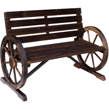 image of Outsunny - Wooden Cart Wagon Wheel 2 Seater Garden Bench Outdoor Armrest Chair