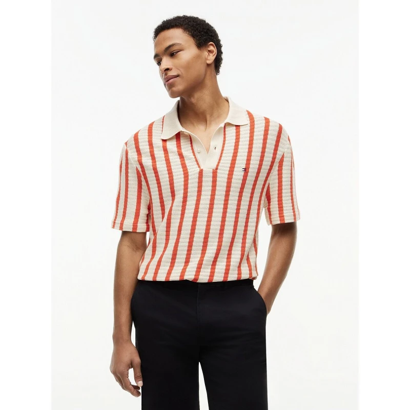 Image of Tommy Hilfiger Striped Textured Knit Polo Shirt Orange Striped Cotton S