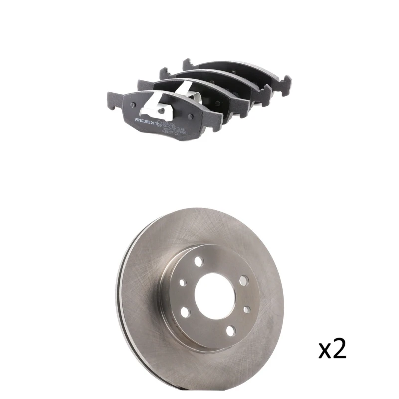 Image of RIDEX 3405B3106 Brake disc and pads set Front Axle, Brake Disc Type: internally vented, not prepared for wear warning indicator Brake Set,disc brakes