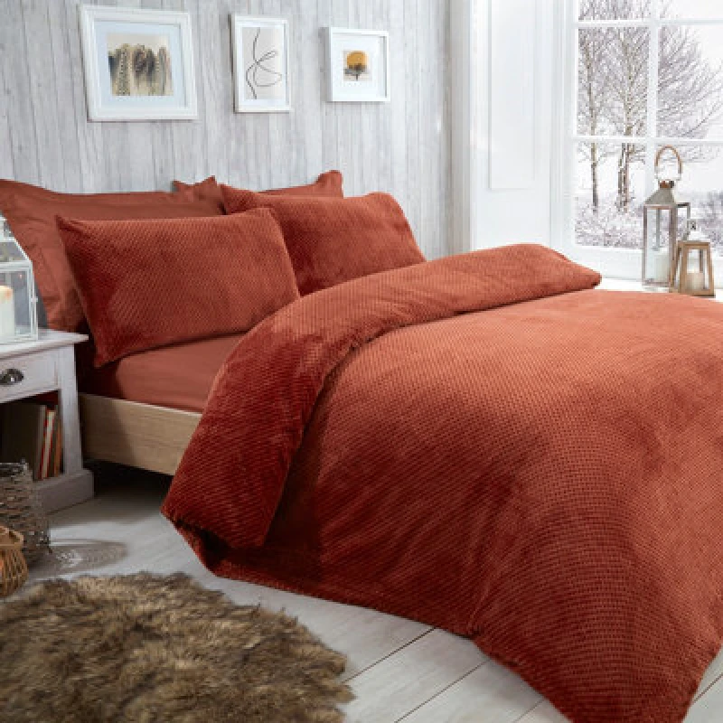 Image of Smart Living Smart Living Luxury Super Soft & Reversible Waffle Teddy Fleece Duvet Set in Burnt Orange Size: King Burnt Orange King Unisex 065703931