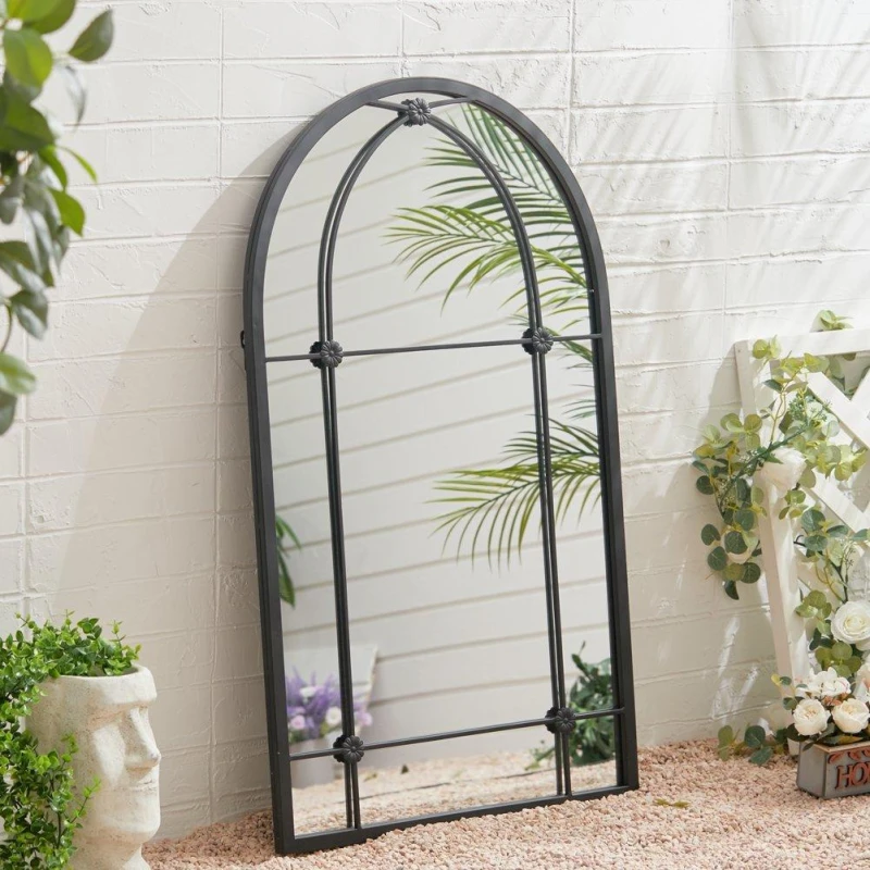 Image of LIFE IDEAS Arched Wall Hanging Metal Windowpane Mirror Black unisex One size