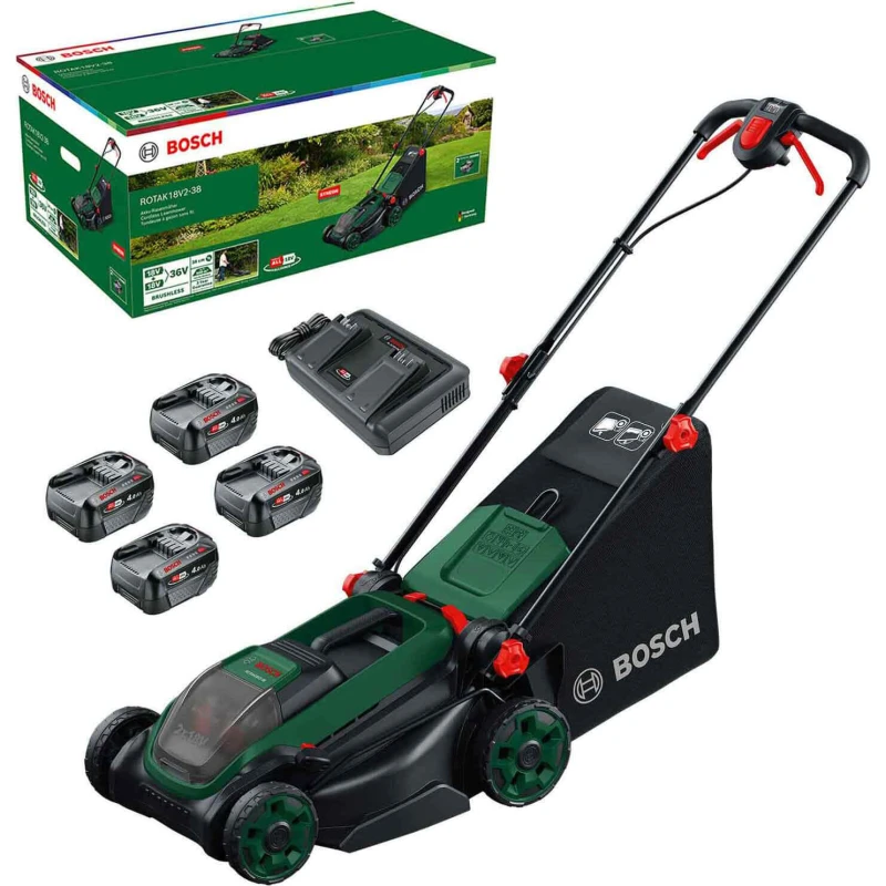 Image of Bosch ROTAK 18V2-38 P4A 36v Cordless Brushless Rotary Lawnmower 380mm 4 x 4ah Li-ion Twin Battery Charger ROTAK 18V2-38