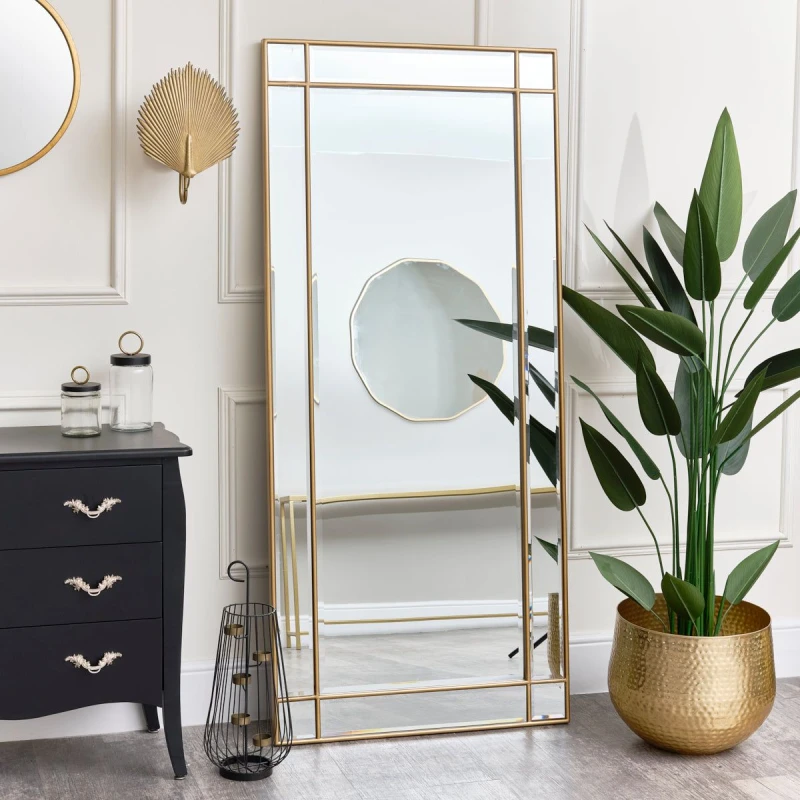Image of Melody Maison Large Gold Framed Art Deco Wall / Leaner Mirror 80cm X 180cm Gold