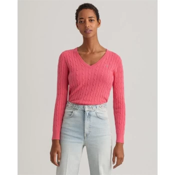 Image of Gant Gant V Neck Cable Knit Jumper Womens - Pink