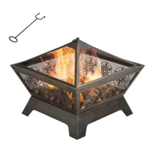 image of Outsunny Outdoor Fire Pit With Spark Screen Cover Poker For Camping Picnic - Bronze