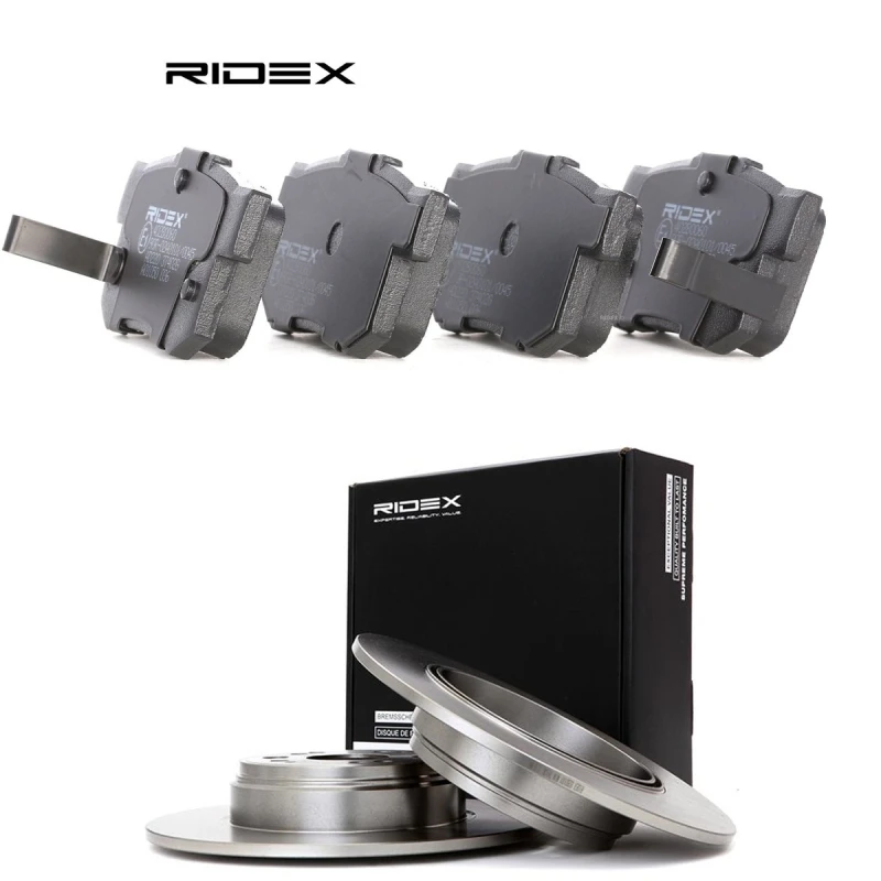 Image of RIDEX 3405B3411 Brake disc and pads set Rear Axle, Brake Disc Type: Solid Brake Set,disc brakes (3405)