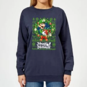 Image of Nintendo Super Mario Happy Holidays Luigi Womens Christmas Sweatshirt - Navy - L