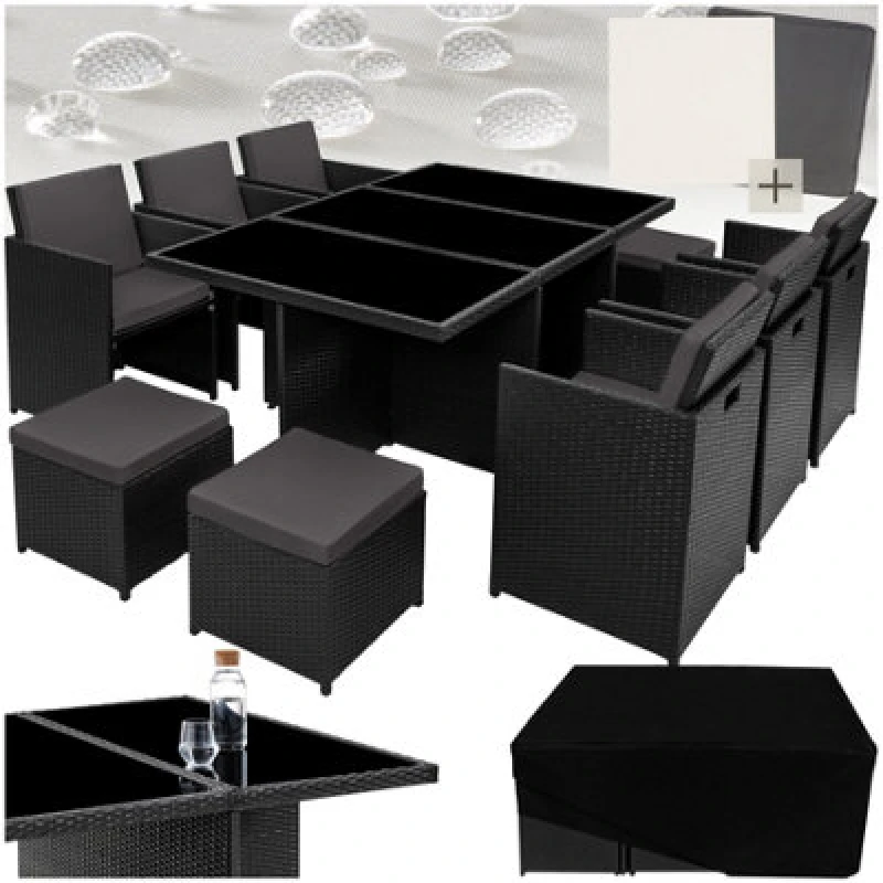 Image of Tectake Garden Table & Chairs New York - 10 Seats With Cushions, Dining Table, Rain Cover - Black
