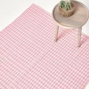 Image of Cotton Gingham Check Rug Hand Woven Pink White, 60 x 90cm - Pink - Homescapes