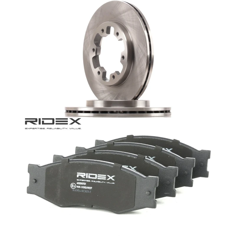 Image of RIDEX 3405B2790 Brake disc and pads set Front Axle, Brake Disc Type: internally vented, with acoustic wear warning Brake Set,disc brakes (3405)