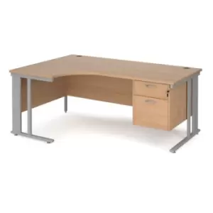 image of Office Desk Left Hand Corner Desk 1800mm With Pedestal Beech Top With Silver Frame 1200mm Depth Maestro 25 MCM18ELP2SB