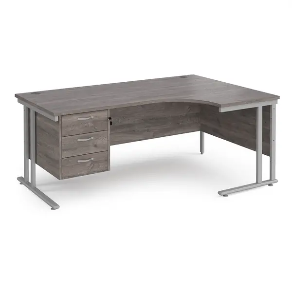 Image of Maestro 25 right hand ergonomic desk 1800mm wide with 3 drawer pedestal - silver cantilever leg frame, grey oak top