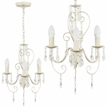 image of Minisun - Distressed Cream Vintage 3 Way Chandelier + Acrylic Jewels - No Bulbs