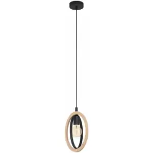 image of Hanging Ceiling Pendant Light Black & Wood Hoop Shade 1 x 40W E27 Bulb