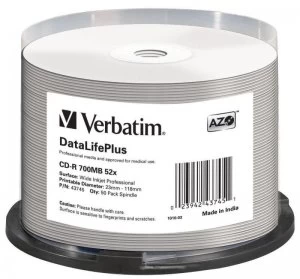 Image of Verbatim CD-R 52x DataLifePlus Inkjet Professional 50pk Spindle