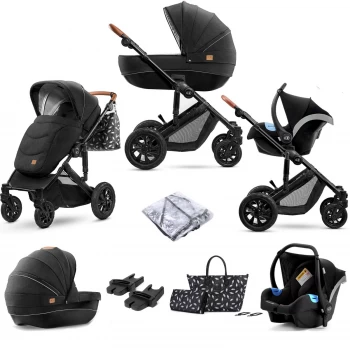 image of Kinderkraft Prime 3in1 (Mink Car Seat) Travel System with Carrycot and Accessories - Black