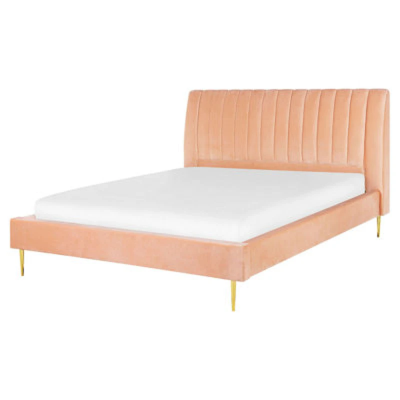 Image of Beliani Bed Velvet Marville 160 X 200 Cm (Eu King Size) Peach Pink