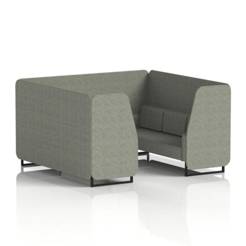 Image of Brixworth 6 Seater Office Booth with Front Panel - Black Legs in Rivet Fabric - Vitreous Panels and Sofa