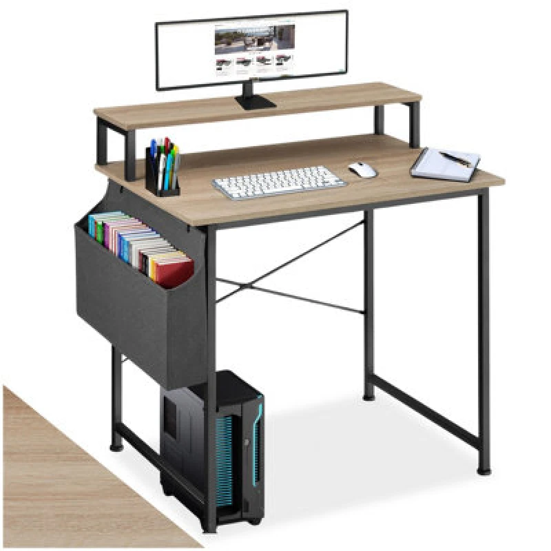 Image of Tectake Desk - With Shelving And Fabric Storage Bag 80 Cm - Industrial Wood Light, Oak Sonoma