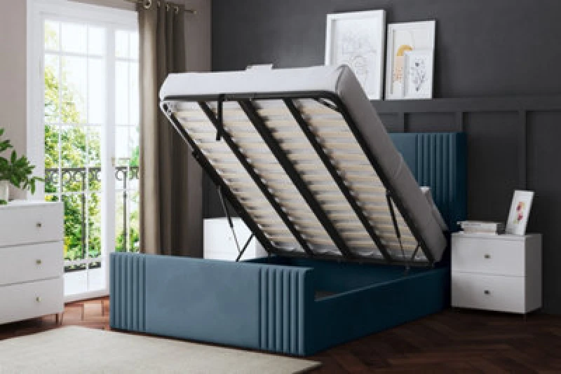 Image of DS LIVING Elara Winged Blue Upholstered Bed With Ottoman Metal Gas Lift Single AM_DVNSHROB_SIN_BLU