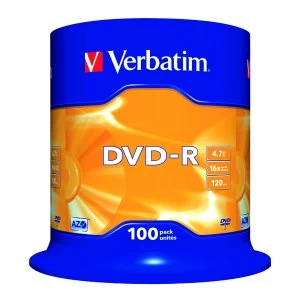 image of Verbatim 100x Blank 4.7GB DVD-R Non Printable Spindle