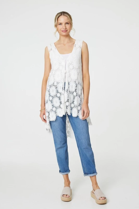 Image of Izabel London Womens Floral Lace Tie Front Cardigan in White Size: S/M White Female S/M