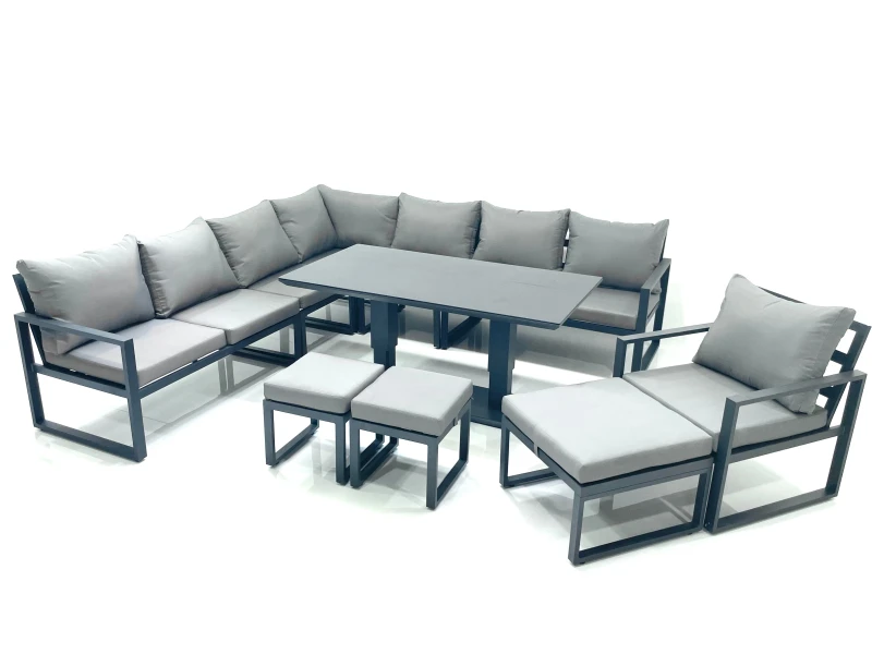 Image of Fimous 11 Seater Outdoor Aluminum Garden Furniture Set Corner Sofa Chair 3 Footstools Adjustable Rising Lifting Dining Table Sets Dark Grey Dark Grey