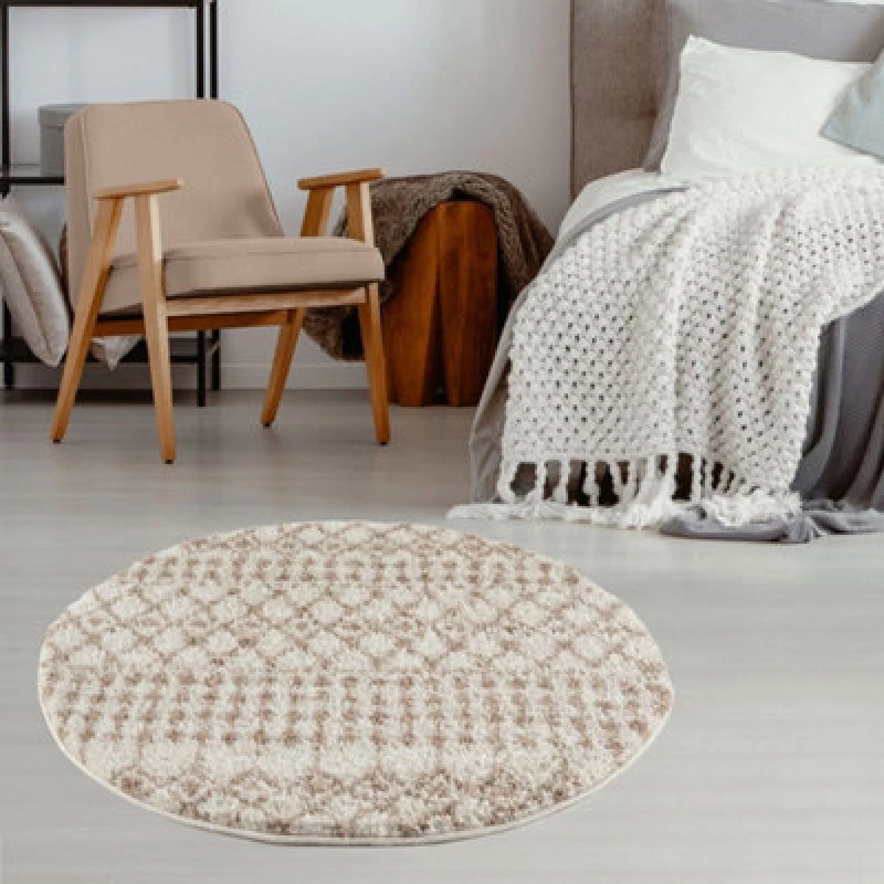 Image of THE RUGS Soft Moroccan Diamond Shaggy Rugs & Runners Ivory Beige Living Room Size: 120cm diameter Ivory Unisex 120cm diameter