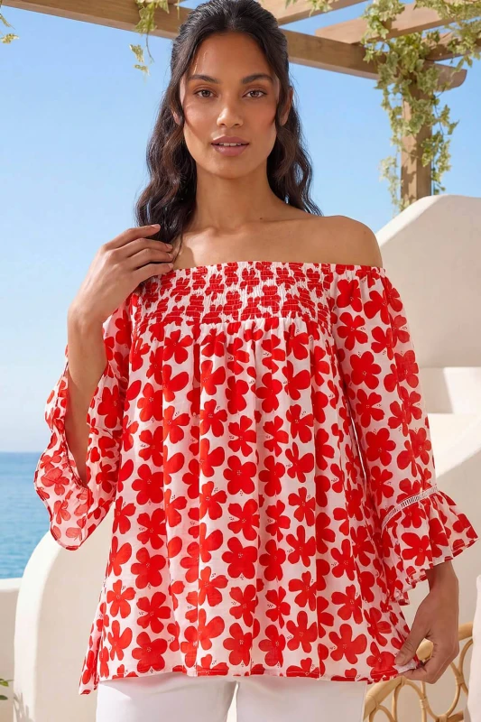 Image of Roman Womens Floral Print Bardot Top Size: 20 Multicolor Female 20