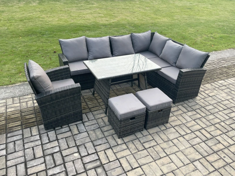 Image of Fimous Outdoor Furniture Garden Dining Set Rattan Corner Sofa Chair Set Rectangular Dining Table with Temper Glass Footstools in Dark Grey Dark Grey U