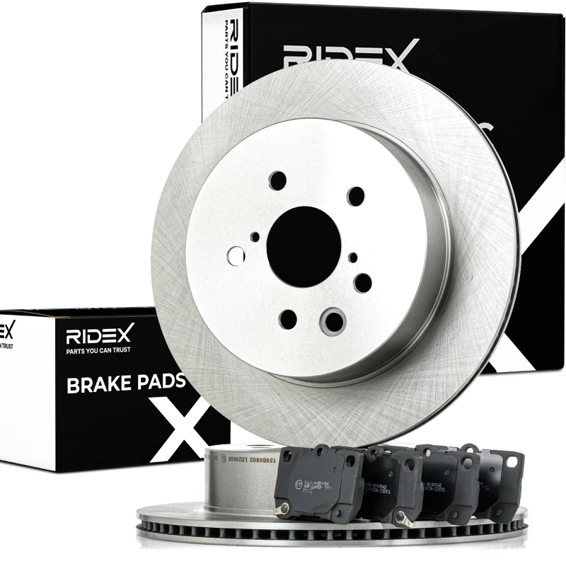 Image of RIDEX 3405B1522 Brake disc and pads set Rear Axle, Brake Disc Type: internally vented, with acoustic wear warning, without wheel hub Brake Set,disc b