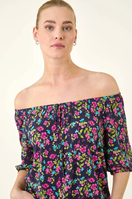 Image of Roman Womens Floral Print Stretch Bardot Top in Navy Size: 16 Navy Female 16