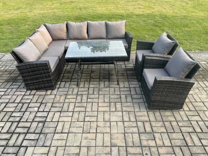 Image of Fimous High Back Outdoor Garden Furniture Set Rattan Corner Sofa Dining Table Set With 2 Armchairs 8 Seater in Dark Grey Dark Grey Unisex