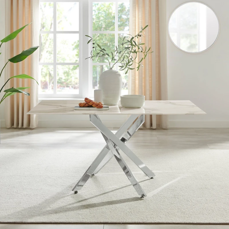 Image of FurnitureboxUK FurnitureboxUK Leonardo 6-Seater Dining Table With Marble Effect Glass Top And Silver Metal Legs in White White One Size Unisex 5056542