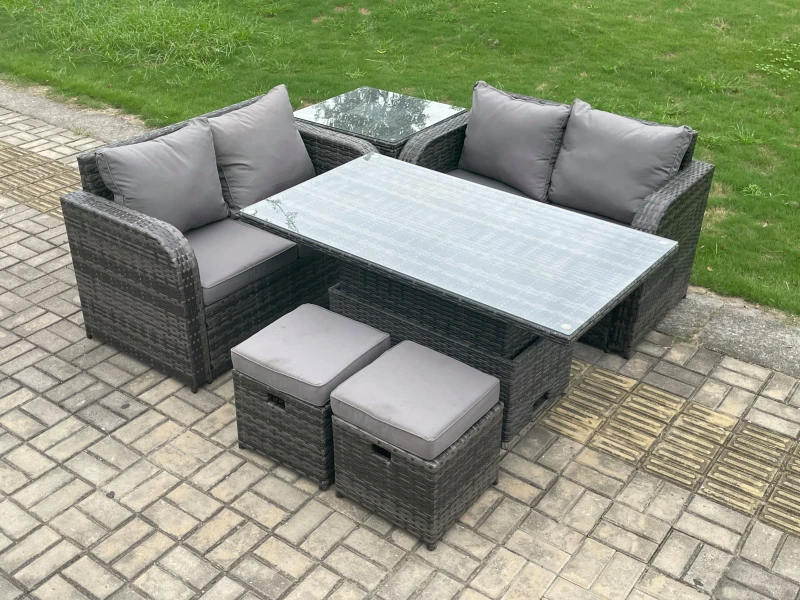Image of Fimous Outdoor Rattan Furniture Garden Dining Set Height Adjustable Rising lifting Table Love Sofa Set With 2 Small Footstool Dark Grey