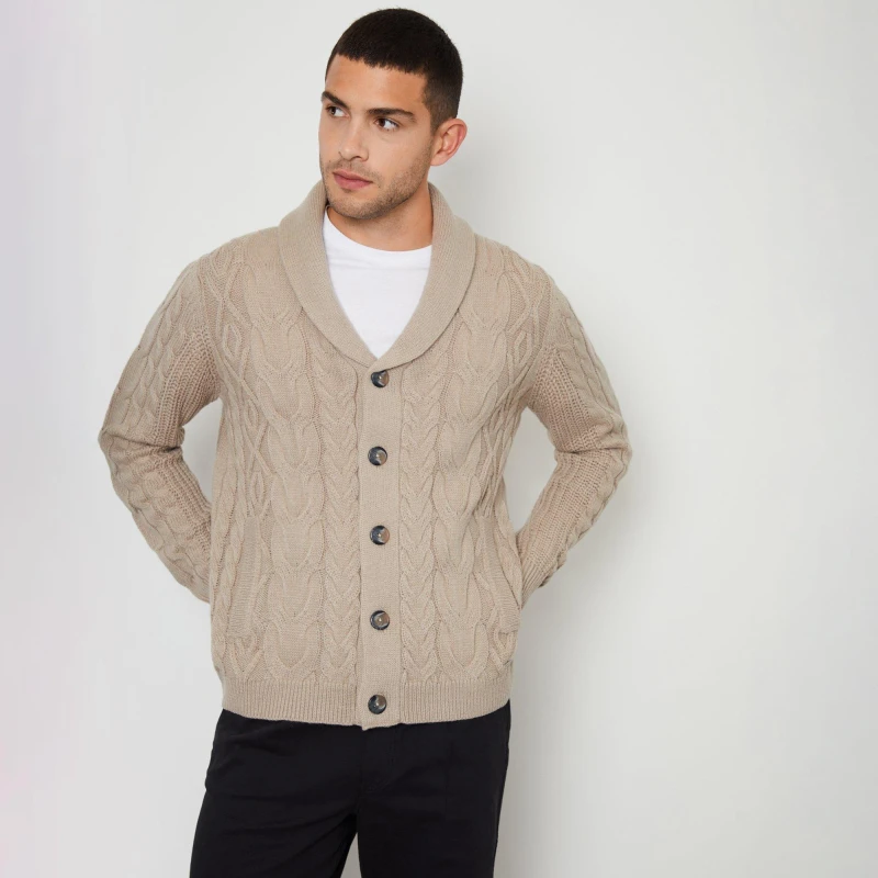 Image of Threadbare 'Finchley' Cable Knit Shawl Collar Cardigan With Wool Stone