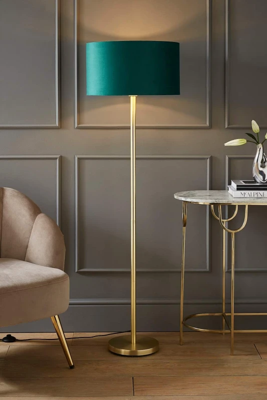 Image of ValueLights ValueLights Charlie Gold Stem Floor Lamp with Velvet Drum with Gold Inner Lamp Shade in Bottle Green Bottle Green One Size Unisex 50594060