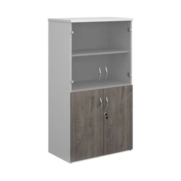 Image of Duo Duo combination unit with glass upper doors 1440mm high with 3 shelves - white with grey oak lower doors R1440COMD-WHGO