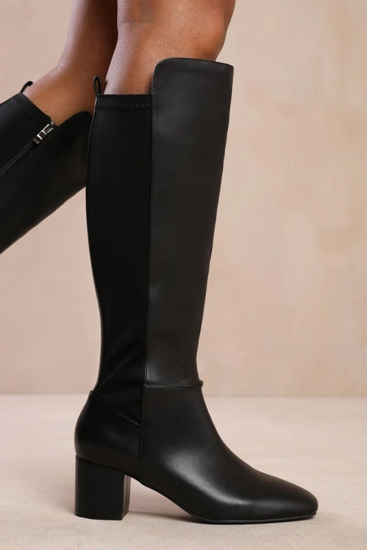 Image of Where's That From 'Cherish' Block Heel Knee High Boots With Side Zip True Black