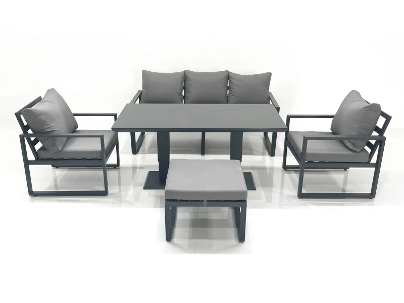 Image of Fimous Outdoor Aluminium Garden Furniture Set with Adjustable Rising Lifting Dining Table 3 Seater Sofa 2 Chair Big Footstool Dark Grey Dark Grey Unis