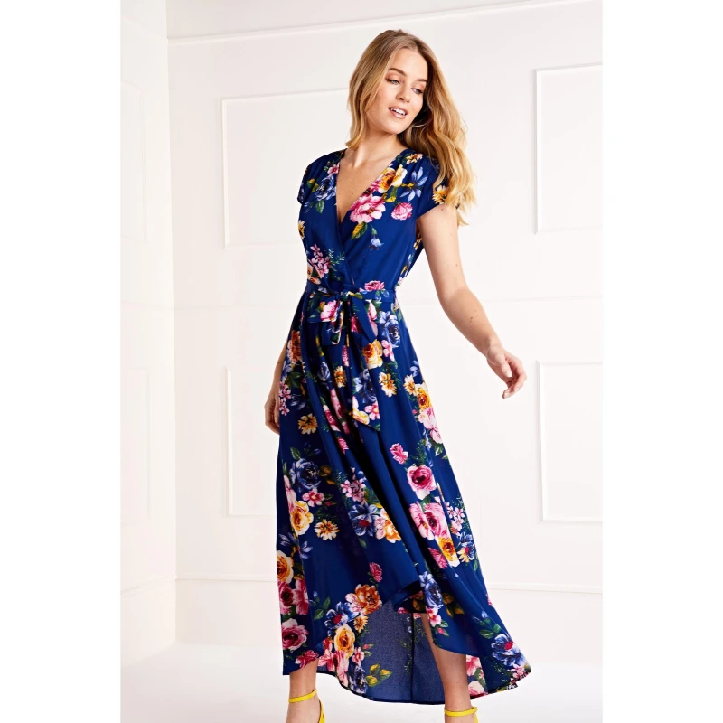 Image of Mela London Blue Floral Dipped Hem Midi Dress Navy female 26