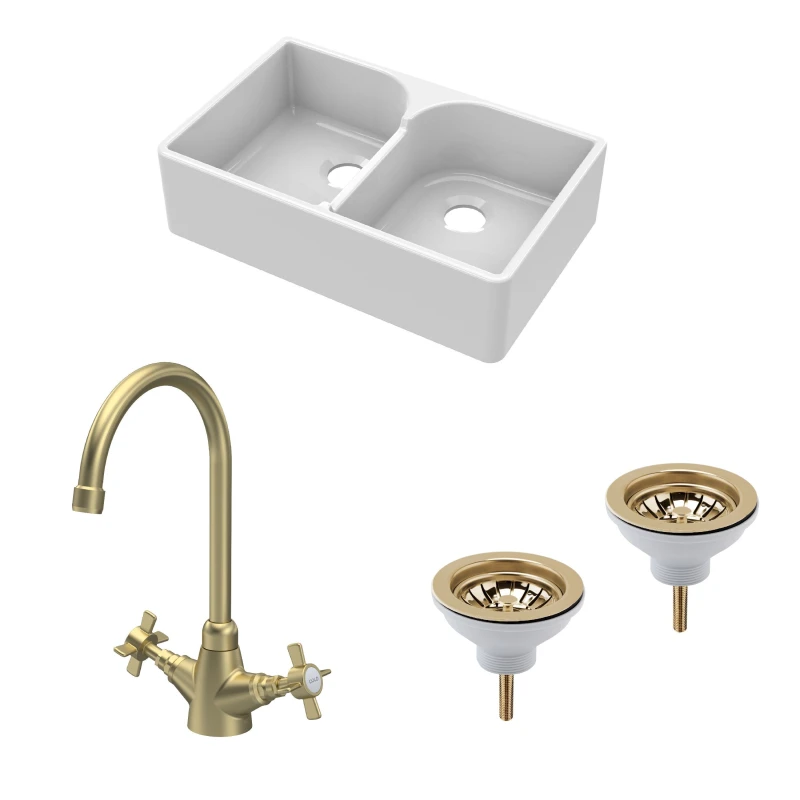 Image of Balterley Fireclay 2 Bowl Stepped Weir Butler Sink Wastes Tap 795mm Bronze