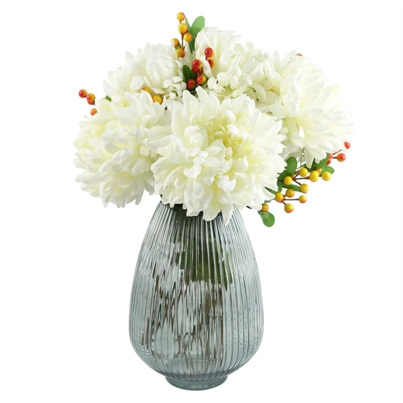 Image of Leaf Leaf 50cm Grey Glass Vase Artificial Chrysanthemums White