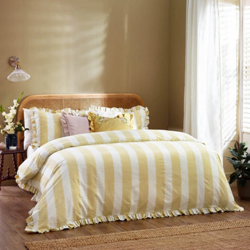 Image of Wylder Nature Wylder Birdie Stripe Ruffle Double Duvet Cover Set Butter Yellow, Yellow 5025532851666.00