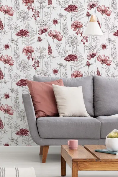 Image of Fresco Sketch Floral Wallpaper Red
