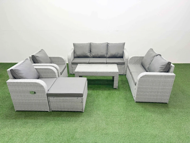 Image of Fimous PE Rattan Garden Furniture Set Adjustable Chair Sofa Double Love Seat 2 Seater Sofa Lounge Set Rectangular Coffee Table Big Footstool Light Gre