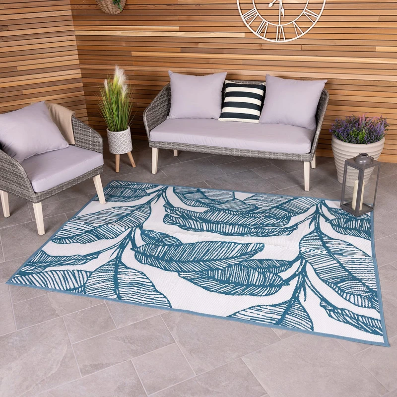 Image of Leaf Weatherproof Rug, Teal Blue